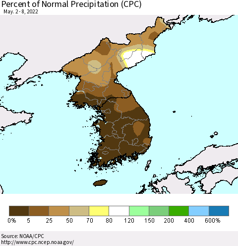 Korea Percent of Normal Precipitation (CPC) Thematic Map For 5/2/2022 - 5/8/2022