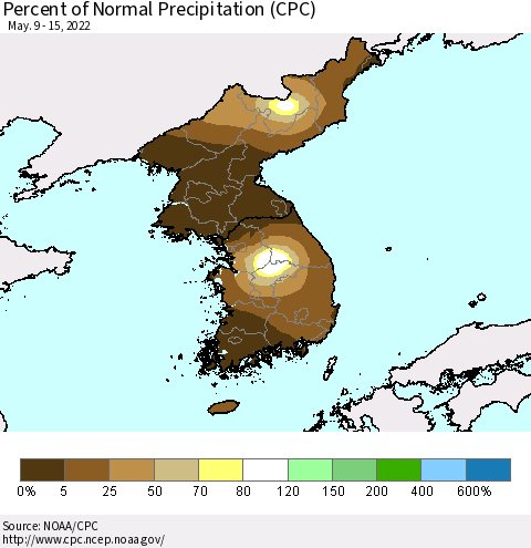 Korea Percent of Normal Precipitation (CPC) Thematic Map For 5/9/2022 - 5/15/2022