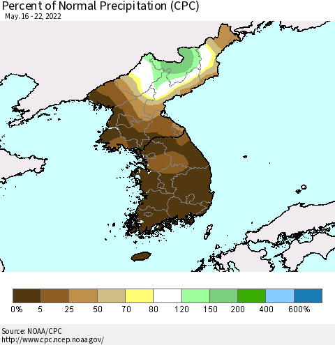 Korea Percent of Normal Precipitation (CPC) Thematic Map For 5/16/2022 - 5/22/2022