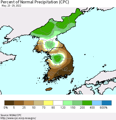 Korea Percent of Normal Precipitation (CPC) Thematic Map For 5/23/2022 - 5/29/2022