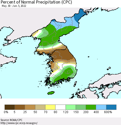 Korea Percent of Normal Precipitation (CPC) Thematic Map For 5/30/2022 - 6/5/2022