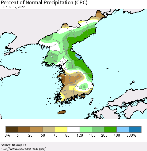 Korea Percent of Normal Precipitation (CPC) Thematic Map For 6/6/2022 - 6/12/2022