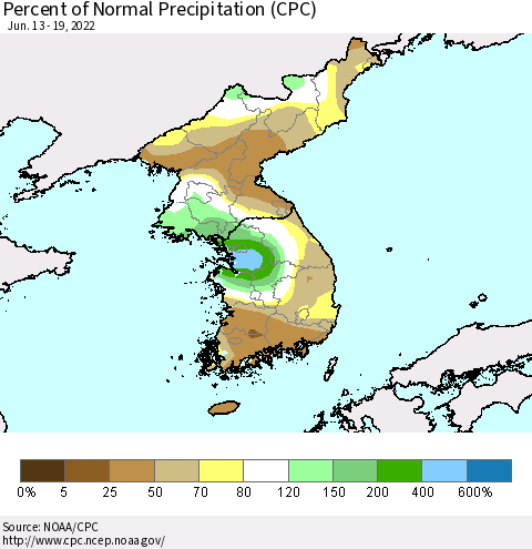 Korea Percent of Normal Precipitation (CPC) Thematic Map For 6/13/2022 - 6/19/2022