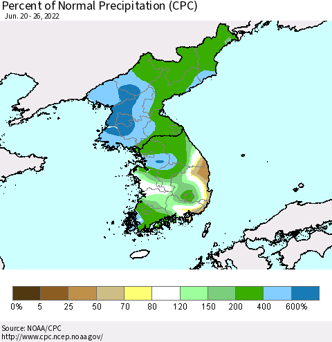 Korea Percent of Normal Precipitation (CPC) Thematic Map For 6/20/2022 - 6/26/2022