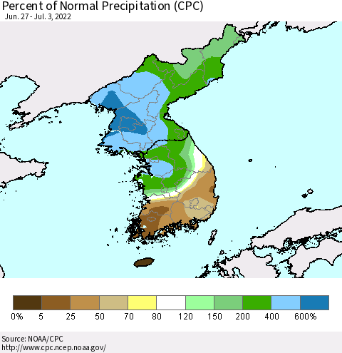 Korea Percent of Normal Precipitation (CPC) Thematic Map For 6/27/2022 - 7/3/2022