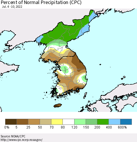 Korea Percent of Normal Precipitation (CPC) Thematic Map For 7/4/2022 - 7/10/2022