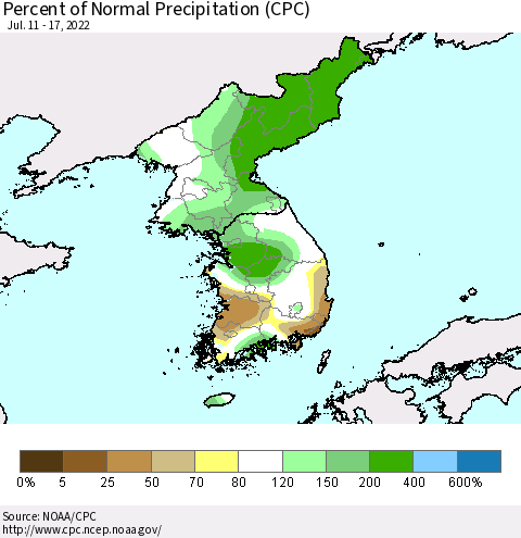 Korea Percent of Normal Precipitation (CPC) Thematic Map For 7/11/2022 - 7/17/2022