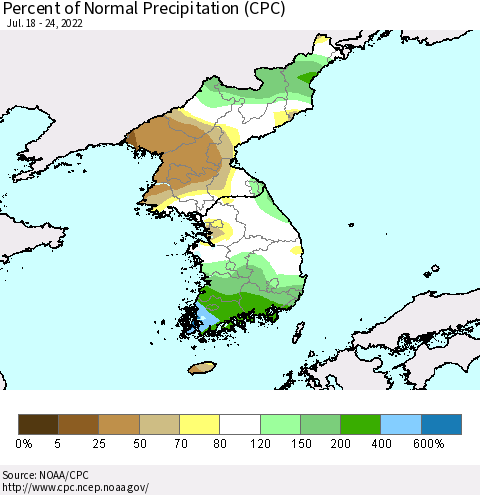 Korea Percent of Normal Precipitation (CPC) Thematic Map For 7/18/2022 - 7/24/2022