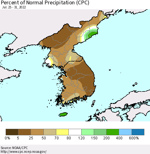 Korea Percent of Normal Precipitation (CPC) Thematic Map For 7/25/2022 - 7/31/2022