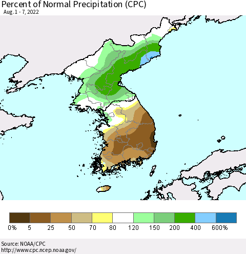Korea Percent of Normal Precipitation (CPC) Thematic Map For 8/1/2022 - 8/7/2022