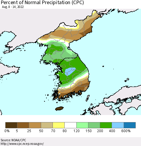 Korea Percent of Normal Precipitation (CPC) Thematic Map For 8/8/2022 - 8/14/2022