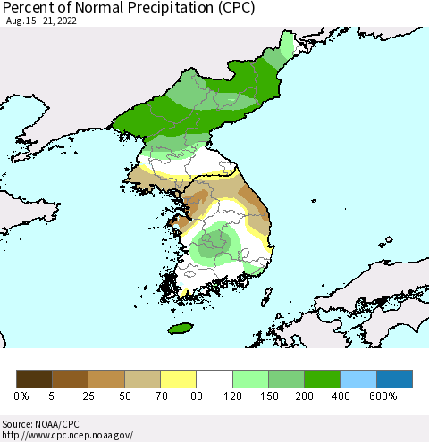 Korea Percent of Normal Precipitation (CPC) Thematic Map For 8/15/2022 - 8/21/2022
