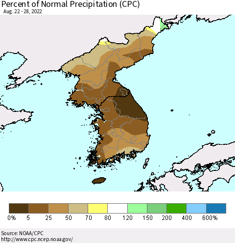 Korea Percent of Normal Precipitation (CPC) Thematic Map For 8/22/2022 - 8/28/2022