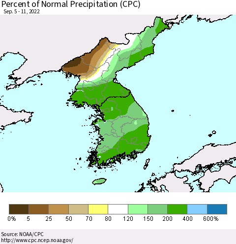 Korea Percent of Normal Precipitation (CPC) Thematic Map For 9/5/2022 - 9/11/2022