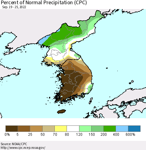 Korea Percent of Normal Precipitation (CPC) Thematic Map For 9/19/2022 - 9/25/2022
