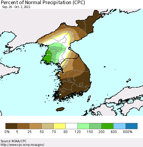 Korea Percent of Normal Precipitation (CPC) Thematic Map For 9/26/2022 - 10/2/2022