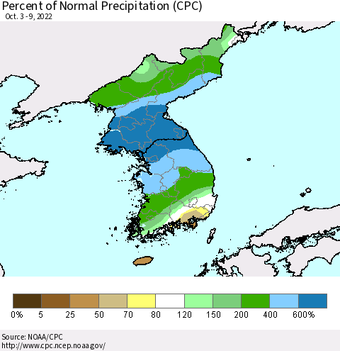 Korea Percent of Normal Precipitation (CPC) Thematic Map For 10/3/2022 - 10/9/2022