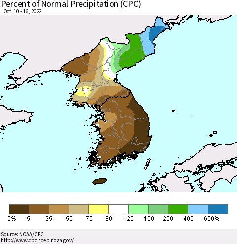 Korea Percent of Normal Precipitation (CPC) Thematic Map For 10/10/2022 - 10/16/2022