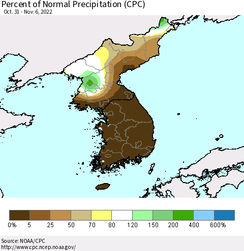 Korea Percent of Normal Precipitation (CPC) Thematic Map For 10/31/2022 - 11/6/2022