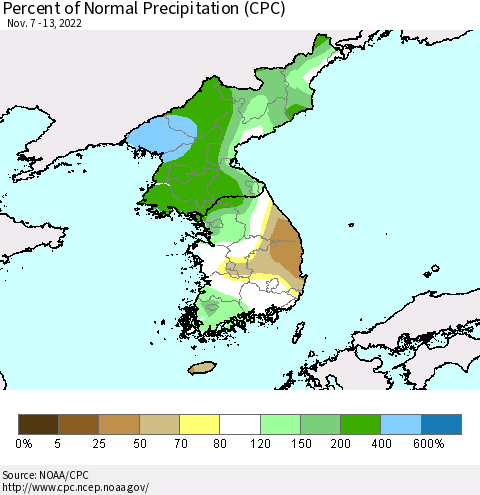 Korea Percent of Normal Precipitation (CPC) Thematic Map For 11/7/2022 - 11/13/2022