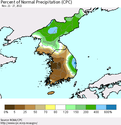 Korea Percent of Normal Precipitation (CPC) Thematic Map For 11/21/2022 - 11/27/2022