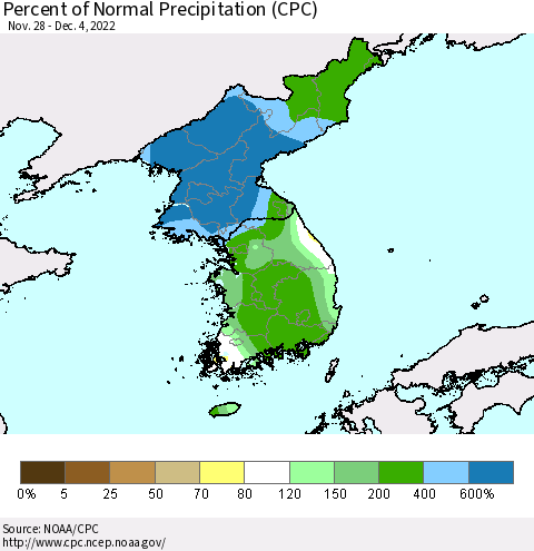 Korea Percent of Normal Precipitation (CPC) Thematic Map For 11/28/2022 - 12/4/2022