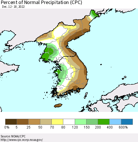 Korea Percent of Normal Precipitation (CPC) Thematic Map For 12/12/2022 - 12/18/2022