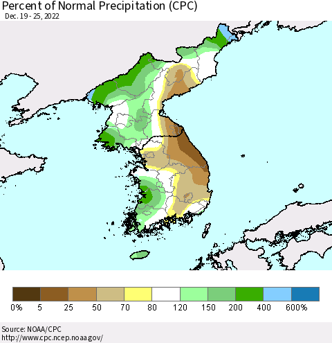 Korea Percent of Normal Precipitation (CPC) Thematic Map For 12/19/2022 - 12/25/2022