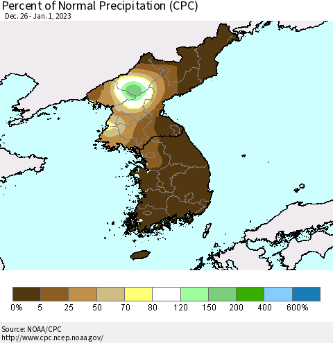 Korea Percent of Normal Precipitation (CPC) Thematic Map For 12/26/2022 - 1/1/2023