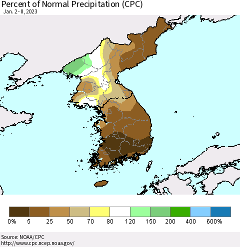 Korea Percent of Normal Precipitation (CPC) Thematic Map For 1/2/2023 - 1/8/2023