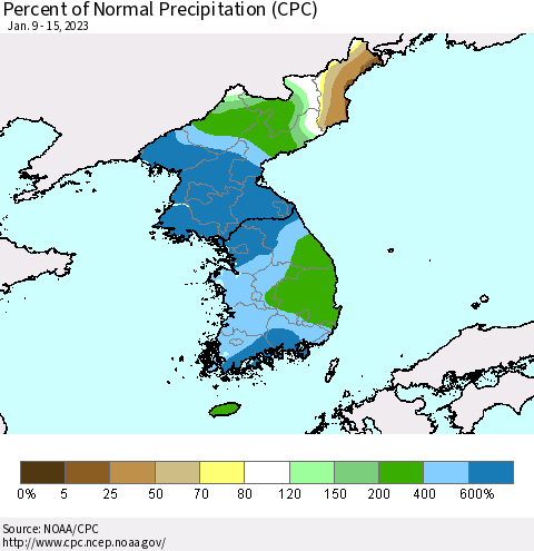Korea Percent of Normal Precipitation (CPC) Thematic Map For 1/9/2023 - 1/15/2023