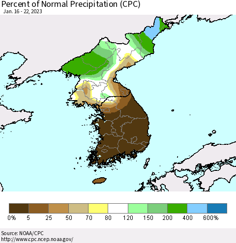 Korea Percent of Normal Precipitation (CPC) Thematic Map For 1/16/2023 - 1/22/2023