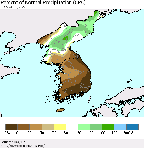 Korea Percent of Normal Precipitation (CPC) Thematic Map For 1/23/2023 - 1/29/2023
