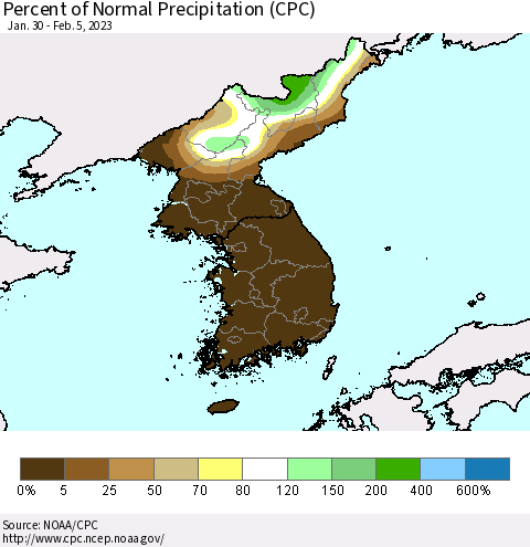 Korea Percent of Normal Precipitation (CPC) Thematic Map For 1/30/2023 - 2/5/2023