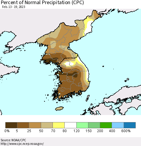 Korea Percent of Normal Precipitation (CPC) Thematic Map For 2/13/2023 - 2/19/2023