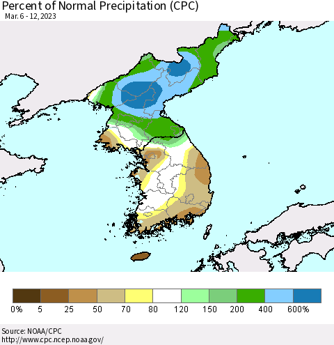 Korea Percent of Normal Precipitation (CPC) Thematic Map For 3/6/2023 - 3/12/2023