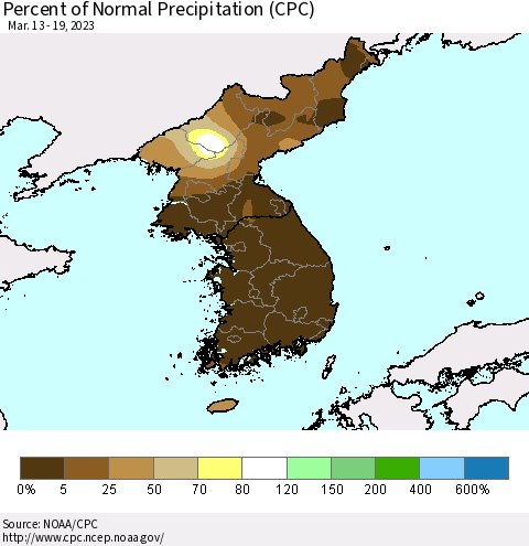 Korea Percent of Normal Precipitation (CPC) Thematic Map For 3/13/2023 - 3/19/2023