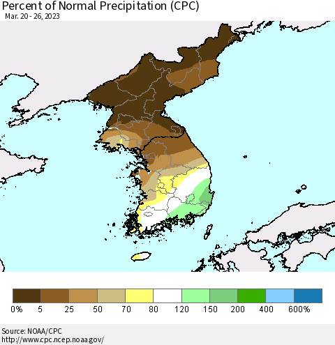 Korea Percent of Normal Precipitation (CPC) Thematic Map For 3/20/2023 - 3/26/2023