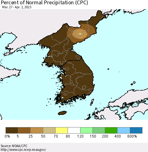Korea Percent of Normal Precipitation (CPC) Thematic Map For 3/27/2023 - 4/2/2023