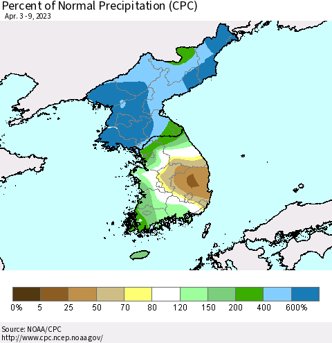 Korea Percent of Normal Precipitation (CPC) Thematic Map For 4/3/2023 - 4/9/2023