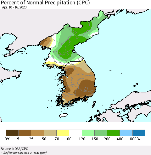 Korea Percent of Normal Precipitation (CPC) Thematic Map For 4/10/2023 - 4/16/2023