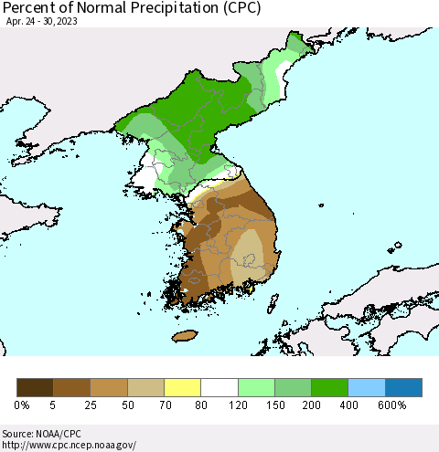Korea Percent of Normal Precipitation (CPC) Thematic Map For 4/24/2023 - 4/30/2023
