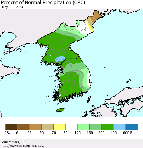 Korea Percent of Normal Precipitation (CPC) Thematic Map For 5/1/2023 - 5/7/2023