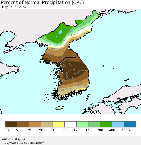 Korea Percent of Normal Precipitation (CPC) Thematic Map For 5/15/2023 - 5/21/2023