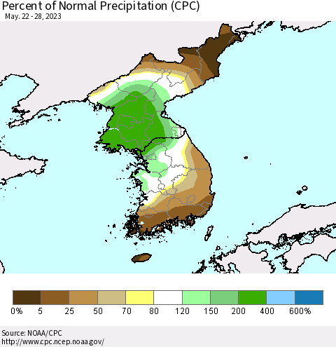 Korea Percent of Normal Precipitation (CPC) Thematic Map For 5/22/2023 - 5/28/2023