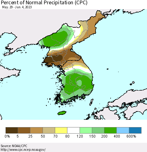 Korea Percent of Normal Precipitation (CPC) Thematic Map For 5/29/2023 - 6/4/2023