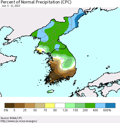 Korea Percent of Normal Precipitation (CPC) Thematic Map For 6/5/2023 - 6/11/2023