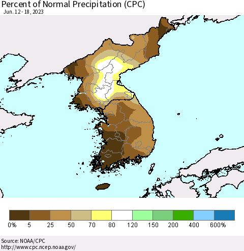 Korea Percent of Normal Precipitation (CPC) Thematic Map For 6/12/2023 - 6/18/2023
