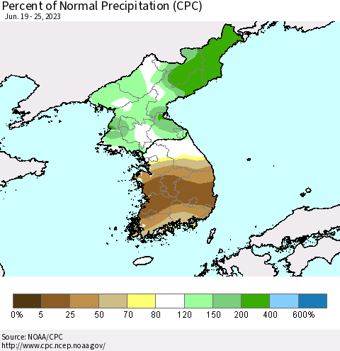 Korea Percent of Normal Precipitation (CPC) Thematic Map For 6/19/2023 - 6/25/2023