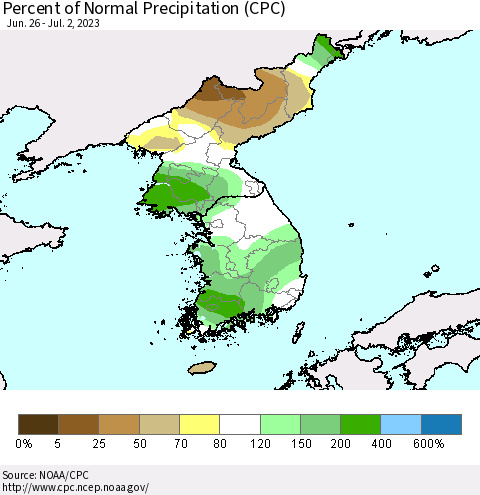 Korea Percent of Normal Precipitation (CPC) Thematic Map For 6/26/2023 - 7/2/2023